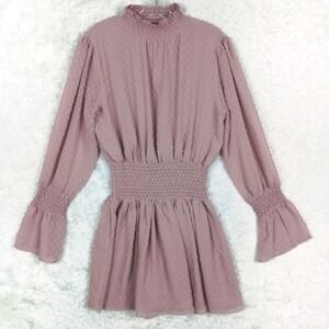 Boohoo Womens Dress Dobby‎ High Neck Shirred Mini Rose Long Sleeve 8 New